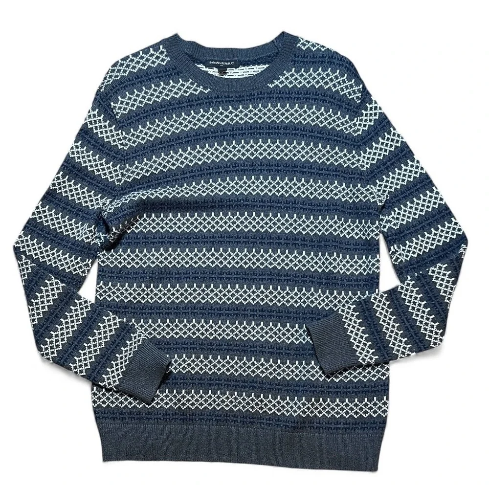 Banana Republic Mens Med‎ Crew Neck Fair Isle Knit Sweater Grey White Wool Blend